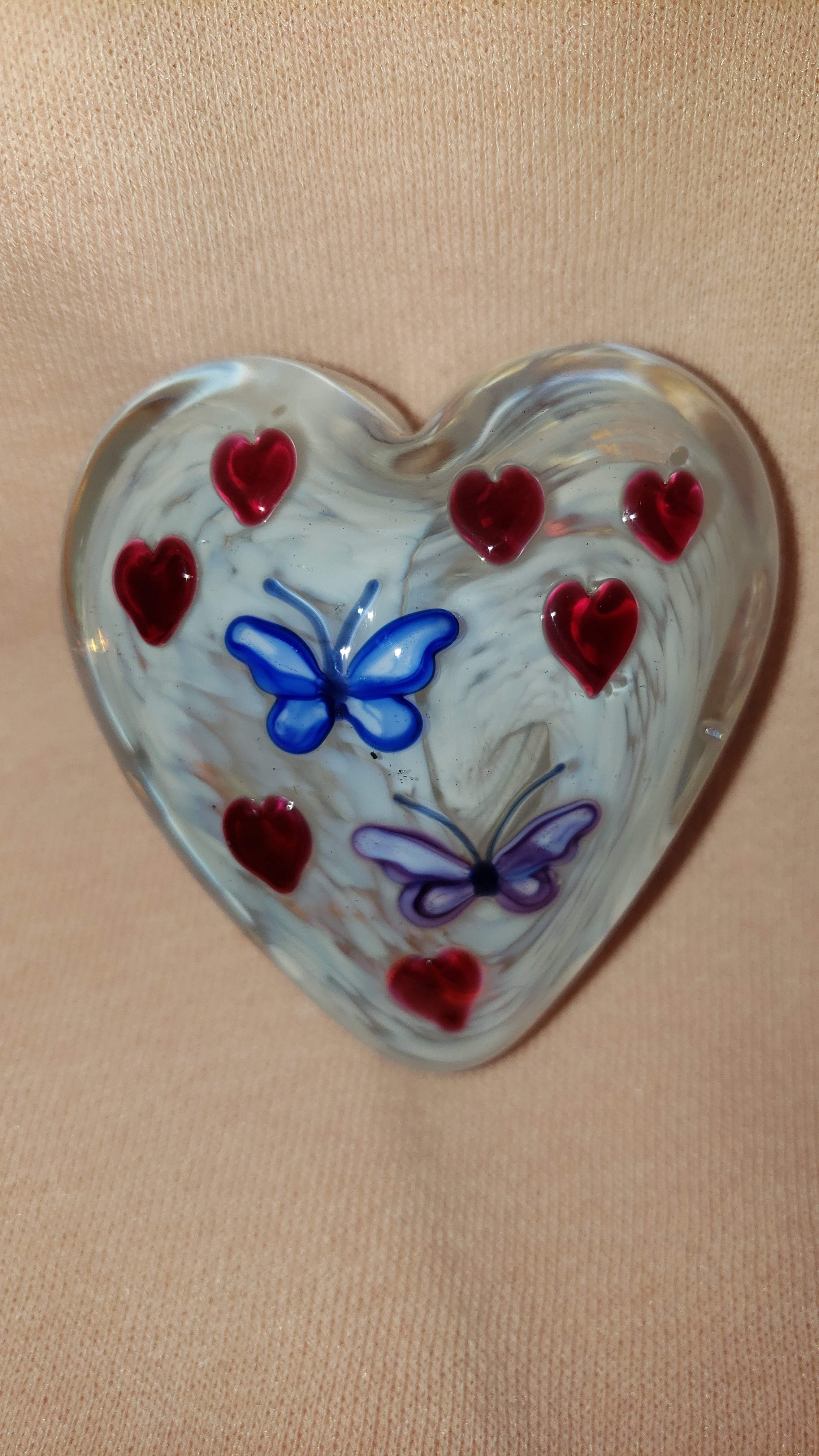 White Glass Heart Paperweight With Hearts and Butterflies- by David Salazar As Seen In...